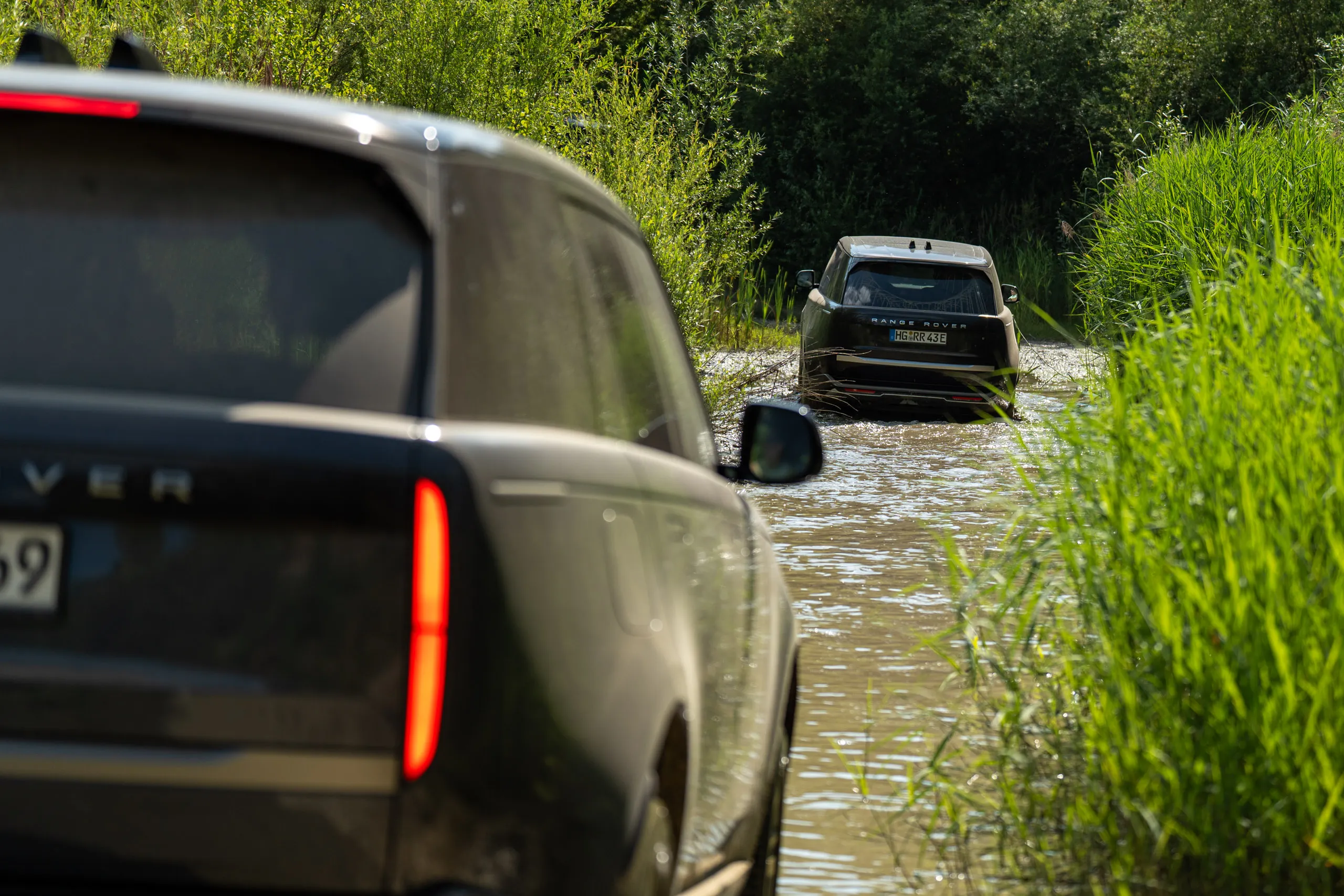 The rear of a Range Rover sits out of focus in the foreground while a second drives through a water crossing between tall reeds behind it.