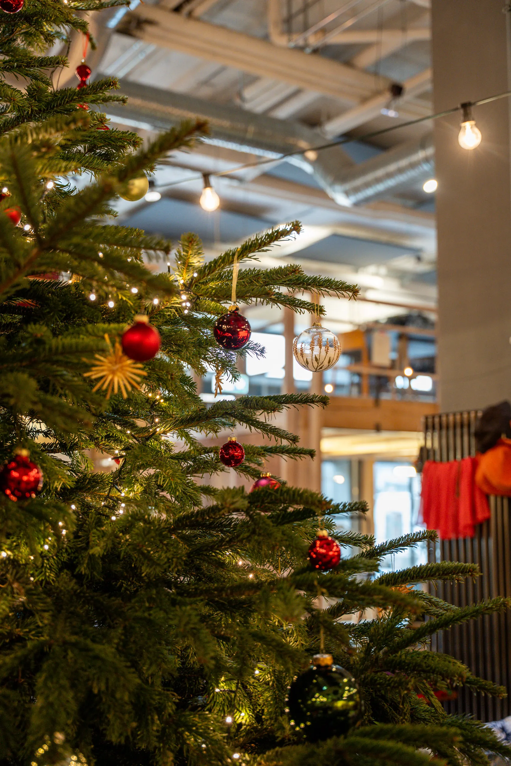 A Christmas tree with red baubles in the venue of the secondhand bazaar.